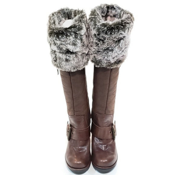 Aldo Tall Wedge Fur Boots Brown Leather Buckle - Picture 3 of 8